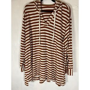 Treasure & Bond Brown Cream Striped Hooded Tunic XL Long Sleeve V Neck